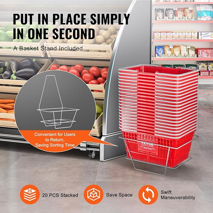 VEVOR Set of 20, 21L Red Plastic Grocery Basket with Handle and Stand, 16.5 x 11.8 x 8.27 inch Portable Shop Basket, Ideal for Retail Store, Supermarket, Grocery Shopping