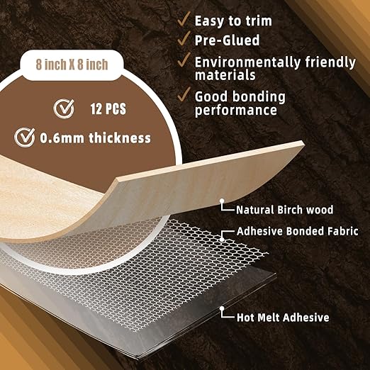 GSCIT Club 12 PCS Birch Wood Veneer, 8 inch x 8 inch Wood Edge Banding Pre-glued Flexible, Veneer Tape Banding for Cabinet Repair Furniture Restoration