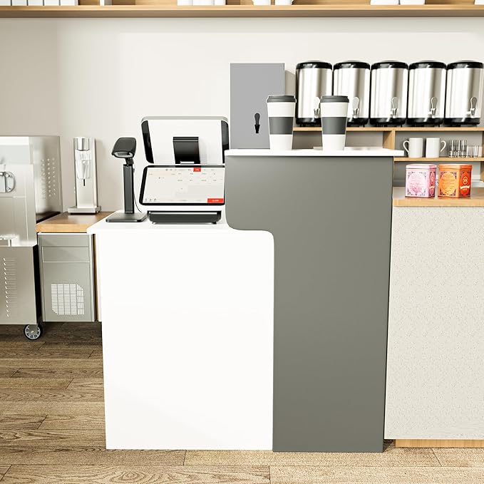 L Shaped Reception Desk with Lockable Drawer and Storage, Front Desk Reception Room Table, Checkout Retail Counter for Office Lobby Cafe Salon (White+Grey, 39.4"(L) x23.6(W) x39.4(H))