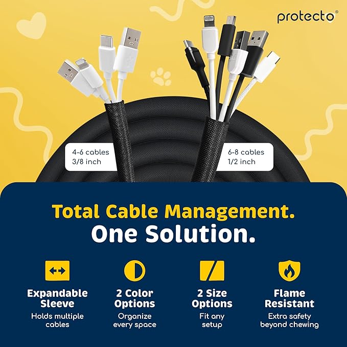 PROTECTO Heavy Duty Dog & Cat Cord Protector 10ft Long Sleeve, Easy-to-Use 1/2 in Cord Cover for Pet, Odorless Black Color, No Chew Solution for Power, Audio & Video Wire Tubing, Fits 6-8 Cables