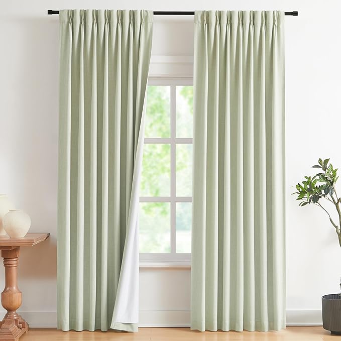 Vision Home Soft Green Pinch Pleated Full Blackout Curtains Linen Blended Room Darkening Curtain Panels 90 inch for Living Room Bedroom Thermal Insulated Pinch Pleat Drapes with Hooks 40" Wx90 Lx2