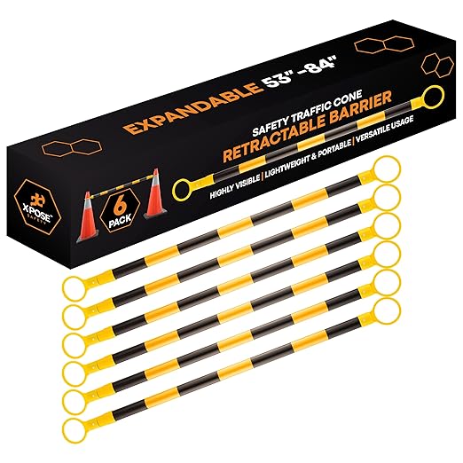 Retractable Barrier for Safety Traffic Cones - 2" OD - Large Yellow and Black Bar Barricade - for Road Construction, Parking, Warning, Temporary Security Divider (6, Yellow & Black, 53" x 84")