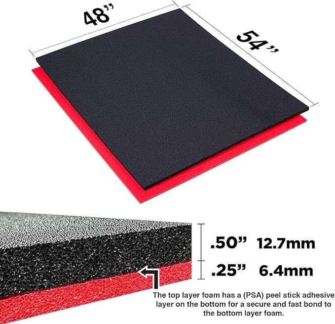 5S TOOL BOX SHADOW FOAM ORGANIZERS (2 COLOR) CUSTOM SIZE ROLL (48" x 54", Black Top/Red Bottom)