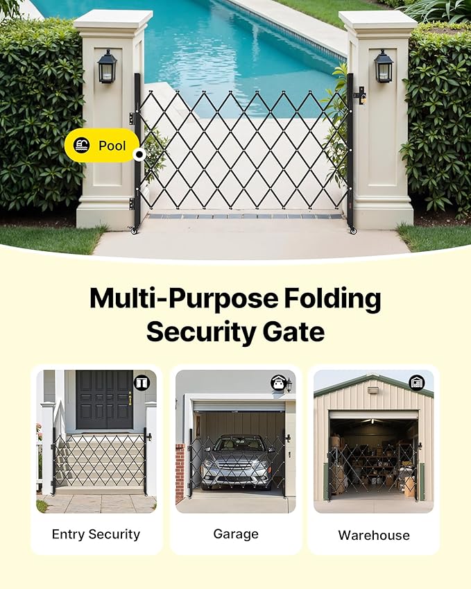 VEVOR Single Folding Security Gate, Lockable Scissor Gate with 360° Swivel Casters, Outdoor Barricade Steel Retractable Gates, for Entry Security, Garage, Warehouse & Pool, 66.93 x 51.57 in (W x H)