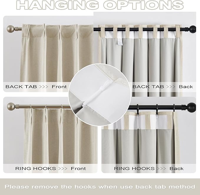 Linen Blackout Curtains 104 Inch Long 2 Panels, Ceiling Mount Track Curtains Back Tab Double Pinch Pleated Hooks Neutral Farmhouse Drapes for Sliding Glass Patio Doors, W40xL104 Natural Birch