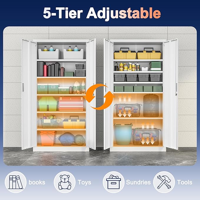 Metal Storage Cabinet, 71 Inch Tall Metal Storage Cabinet with Doors and Shelves, Pantry Cabinets for Kitchen Storage, Garage Cabinet for Living, Dining Room, Assemble Required