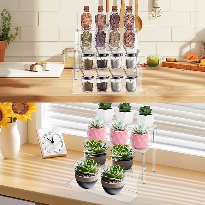 2-Pack Acrylic Perfume Organizer Stand, 4 Tier Cupcake Stand, Clear Display Riser Stand Shelf for Pop Figures, Acrylic Shelves for Cologne Spice Rack Kitchen Vanity