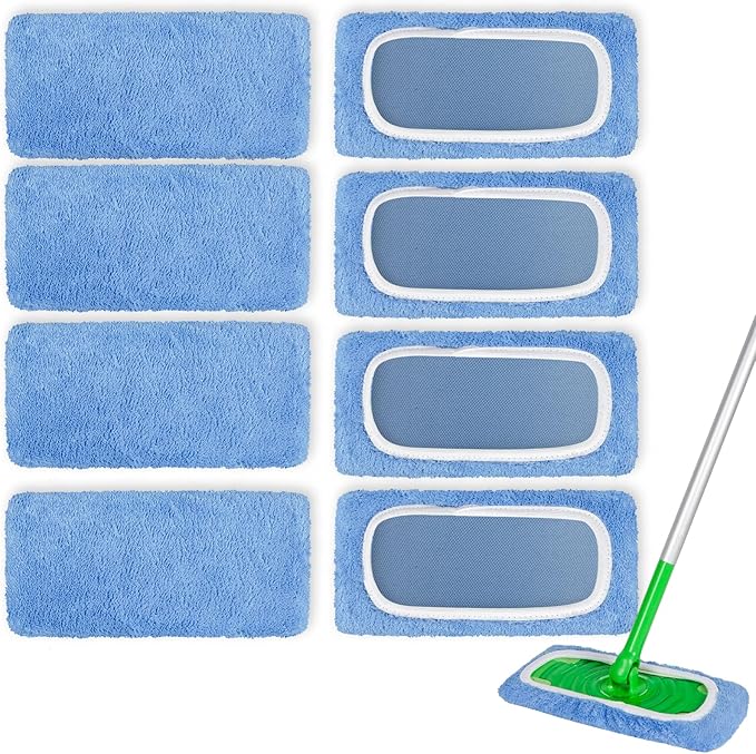 8 Pack Reusable Microfiber Mop Pads Compatible with Swiffer Sweeper Mop, Dry Sweeping Cloths & Wet Mopping Cloths, Washable Mop Pads for Surface/Hardwood Floor Cleaning (Mop is Not Included)