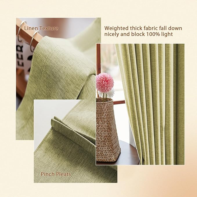 Textured Linen Pencil Pleated 100% Blackout Curtains for Bedroom/Living Room Blackout Curtains 120 Inches Long, Energy Saving Window Treatment Curtains,84Wx120Lx2,Lemon