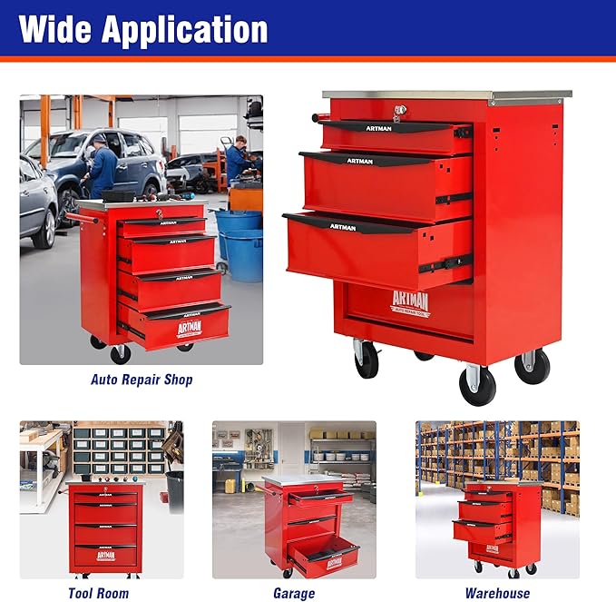 4 Drawers Tool Cart on Wheels with Stainless Steel Worktop, Heavy Duty Mobile Rolling Drawer Tool Chest with Locking Wheels & Lockable Drawers, Garage Tool Storage Cabinet (Red, 4 Drawers)