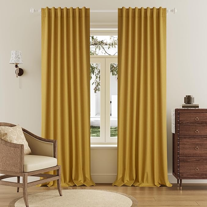 DUALIFE Blackout 96 Inches Long Yellow Curtains 2 Panel Set, Farmhouse Curtains for Living Room Darkening Thermal/Noise Reduction Textured Flax Linen Drape 8ft Rod Pocket&Back Tab 72W x 96L