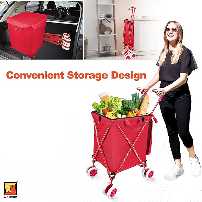 Wellmax WM99100 Series Folding Shopping Cart with Wheels, Grocery Cart with Removable Canvas with Cover, Lightweight Utility Cart for Groceries and Laundry - Holds up to 120 lbs (Red)