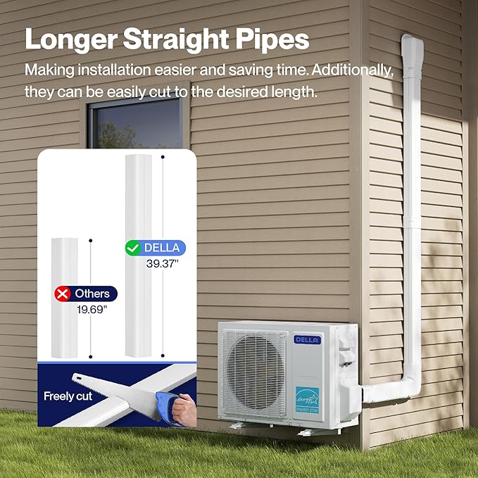 DELLA 4" 13 Ft Mini Split Line Set Cover with Flexible Duct, Decorative PVC Lineset Cover Kit, Paintable for Air Conditioner, Central AC, HAVC & Heat Pumps Systems Tubing Cover, White