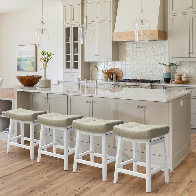 Counter Height Bar Stools Set of 2 for Kitchen Counter Farmhouse Modern Barstools with Faux Leather Upholstered Backless Seat and Solid Wood Legs 24 inch Bar Chairs, Light Grey + White