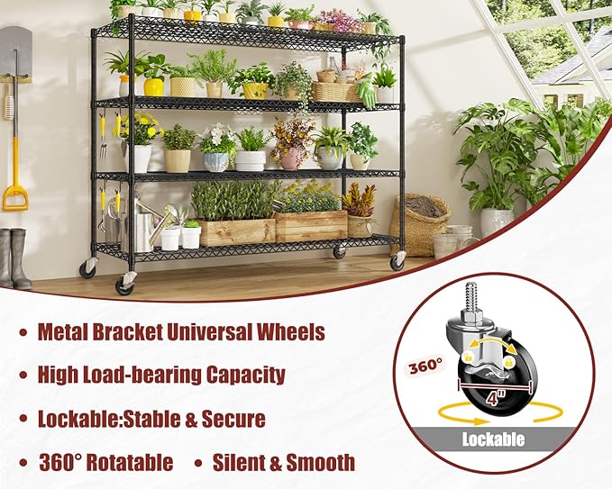 PrimeZone 60" W x 24" D x 76" H Heavy Duty Wire Storage Shelves with Wheels, 4 Tier Adjustable NSF Certified Garage Shelving Unit, Rolling Metal Organizer Shelf Rack for Warehouse, Pantry, 2 Packs