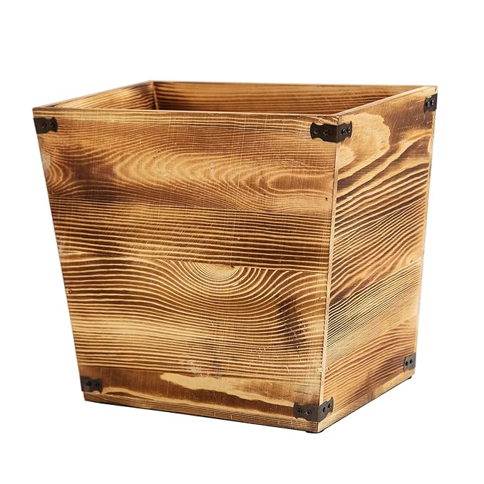 VERGOODR Grey Farmhouse Style Torched Wood Trash Can Waste Bin with Decorative Metal Brackets Trash Can for Bedroom,Living Room, Bathroom & Office (Brown)
