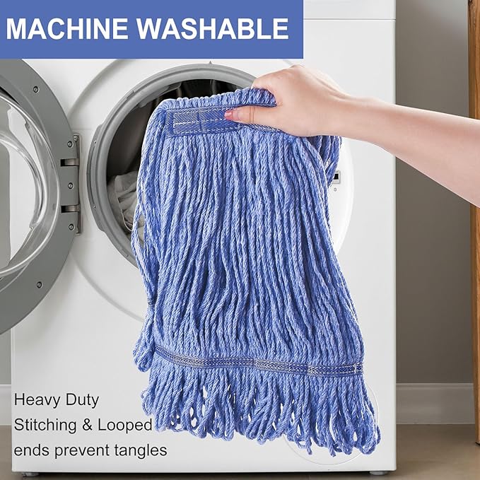 Commercial Mop with 60" Mop Handle, Heavy Duty Industrial Cotton Mops for Floor Cleaning, Looped-End String Wet Mops for Home, Kitchen, Garage, Office, Workshop, Warehouse Concrete/Tile Floor