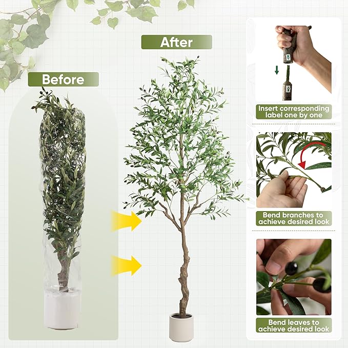 2 Pack Artificial Olive Tree 7FT, Tall Faux Olive Trees with White Pot for Indoor Outdoor, Realistic Potted Plant Natural Wood Trunk, Leaves and Fruits for Home Office Decor (2, 7FT)