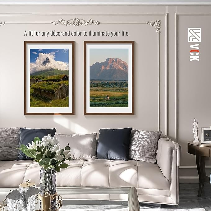 VCK 24x36 Poster Frame 2 Pack - Brown, High-End Wood Picture Frames with Polished Plexiglass, Display 20x30 Photo with Mat or 24x36 without Mat, Art Gallery-Quality, Wall Hanging, Brown