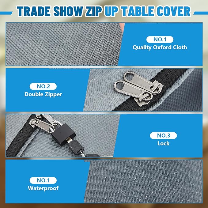 126" x 88" Trade Show Zip Up Table Cover 600D Oxford Waterproof Trade Show Table Cover Lockable Display Case Body Bag Showcases Tablecloth with Zipper Padlock for 8 ft Vendor Outdoor Wedding