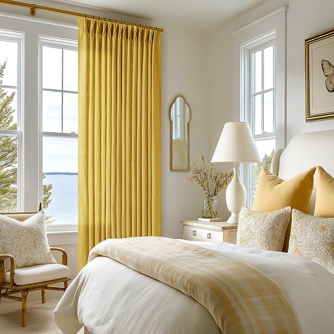 Pinch Pleated Mustard Yellow Linen Curtains 84 Inches Long 2 Panels Set for Living Room Dining Pinch Pleat Back Tab Light Filtering Farmhouse Boho Retro Window Curtain Drapes Gold Yellow Spring Decor