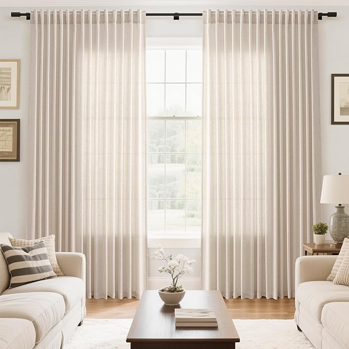 Nanspring Extra Wide 100x96 Inch Linen Curtains for Living Room Divider Light Filtering Semi Sheer Patio Curtains for Sliding Door Beige Coastal Decor Sunroom Floor to Ceiling Window Curtain Panel