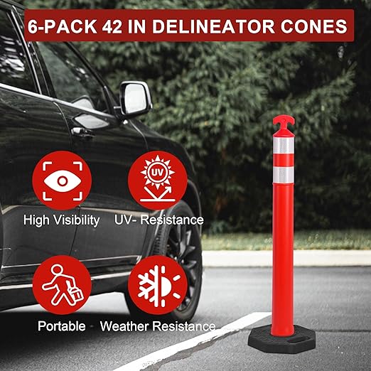 OrangeStar 42" Traffic Delineator Post Cones 6-Pack Orange Safety Cones with Heavy Duty Rubber Base for Construction, Road Work, Parking Lots, Warehouse and Events