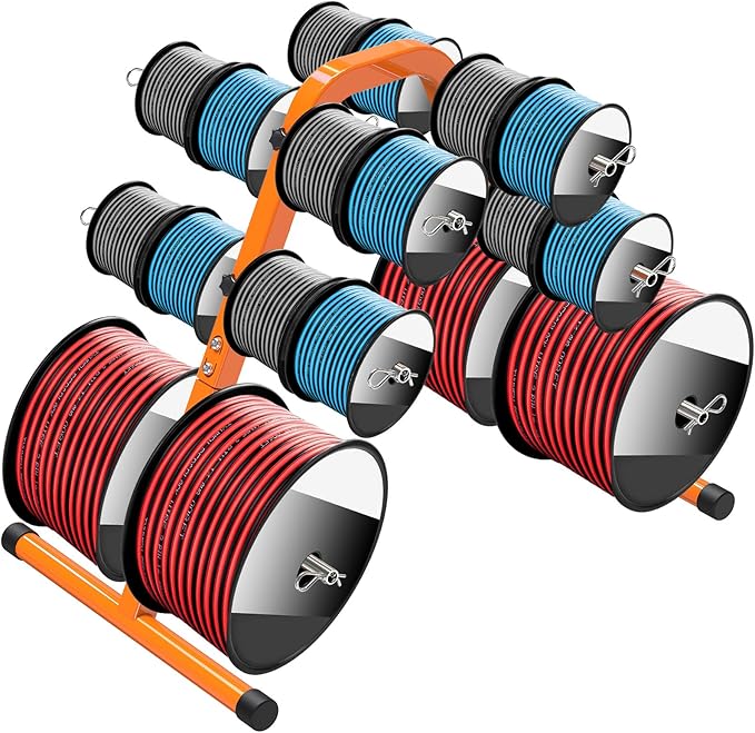 SELEWARE Portable Wire Spool Caddy – Heavy-Duty Steel Cable Dispenser with 6 Adjustable Rods for Effortless Spool Storage & Dispensing (Orange)