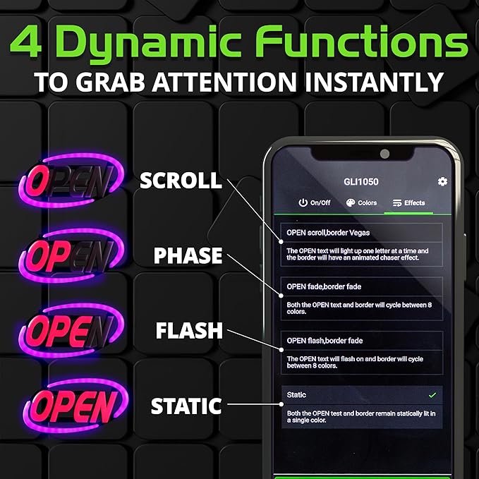 Super‑Bright LED Open Sign 15×32 in – Programmable with 64 Color Combos via App or Remote – Static, Scroll, Flash & Phase Modes – Daylight Visible Electric Sign