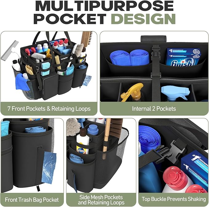 Rolling Cleaning Caddy Bag with Detachable Trolley, Cleaning Supplies Organizer Cart on Wheels, Cleaning Supply Caddy for Housekeepers, Large Professional Detailing Bag Tote for Home, Car (Black)