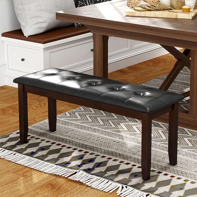 Giantex Button-Tufted Dining Bench, 45.5' PU Leather Upholstered Padded Bench for Bedroom Kitchen Living Room & Entryway, Solid Rubber Wood Legs, Supports Up to 400 Lbs