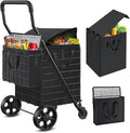 Shopping Cart for Groceries, Folding Utility Cart with Waterproof Liner and Insulated Cooler Bag, 360° Swivel Wheels Height Adjustable Portable Grocery Cart for Condo Laundry Transport Trip