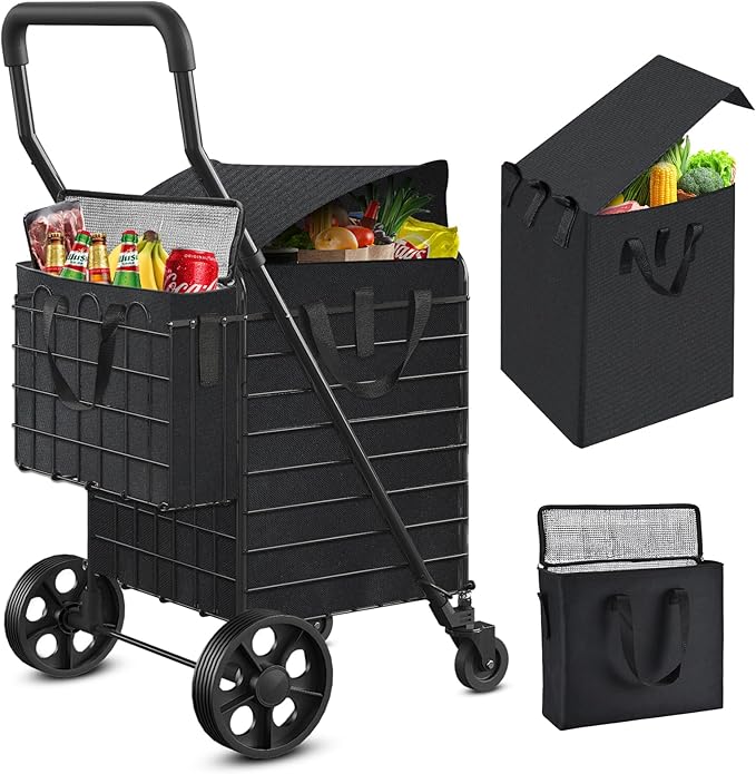 Shopping Cart for Groceries, Folding Utility Cart with Waterproof Liner and Insulated Cooler Bag, 360° Swivel Wheels Height Adjustable Portable Grocery Cart for Condo Laundry Transport Trip