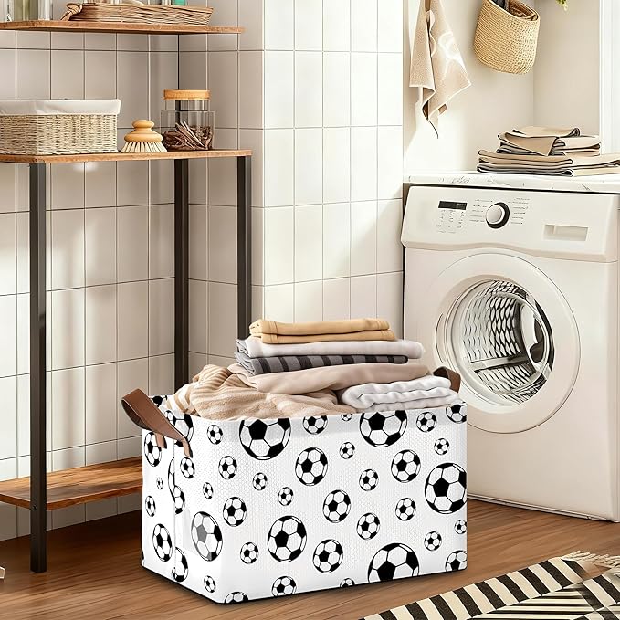 Black Soccer Football Storage Bins with Handles, Collapsible Storage for Clothes, Gift Basket, Blankets & Closet Organization