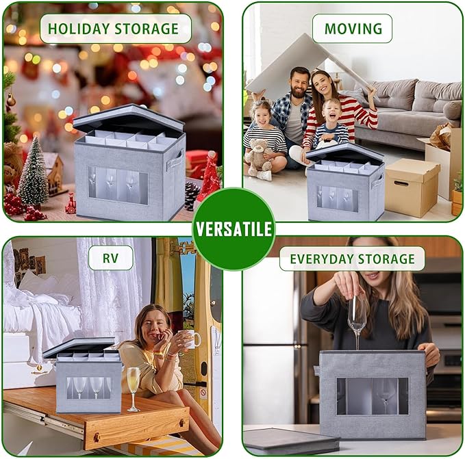 VENO 2 Pack Champagne Flute Glass Storage Box, Stemware Storage Case Hard Shell, Christmas Holiday Ornaments China Container with Dividers and Handles, for Moving Crystal Wine Glassware (24 Glasses)