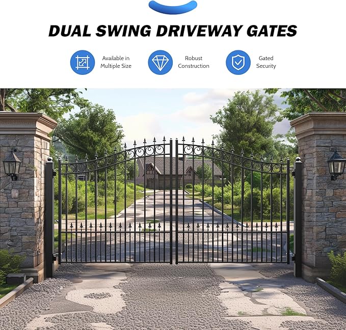 ZUMI Dual Swing Driveway Gates, 12x6 ft. Outdoor Steel Swing Gates for Driveway, Heavy-Duty Driveway Fence Gates for Home Security, Weatherproof Iron Security Gate Kit for Outdoor, Sydney Style