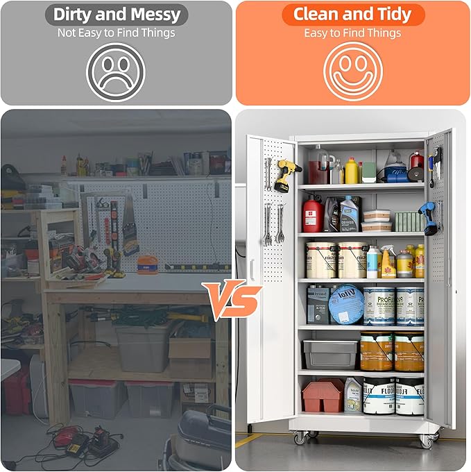 Aobabo Upgrade 71H''*34''W*18''D Metal Garage Storage Cabinet with Wheels and Pegboards, 5 Adjustable Shelves Steel Storage Cabinets for Home,Warehouse,Garage,Assembly Required,White