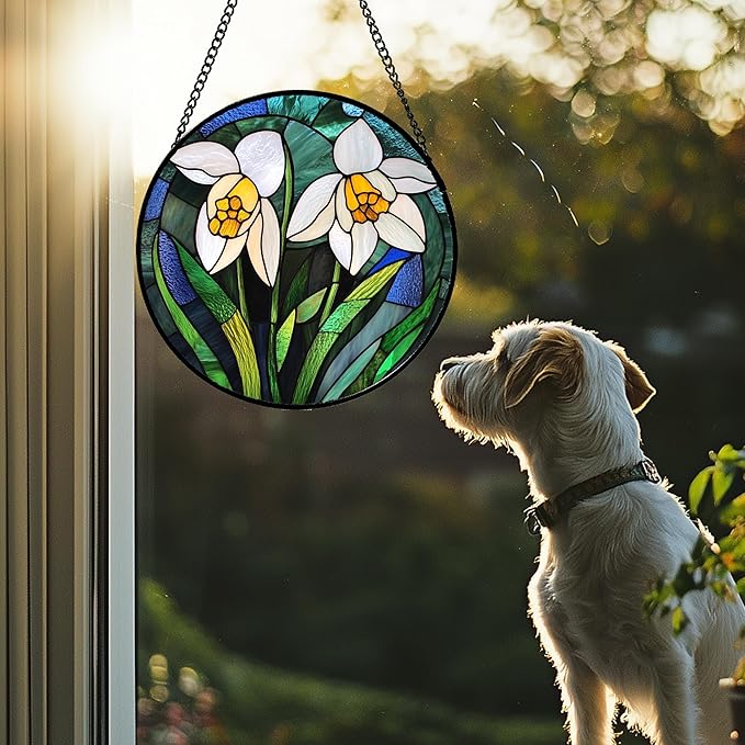 Stained Glass Window Hanging - White Snowdrops Birth Flowers Suncatcher for Doors Garden Patio Sun Catchers Decor Christmas Mother's Day Birthday Gifts for Women Men Mom Nana Friend 6.3 in