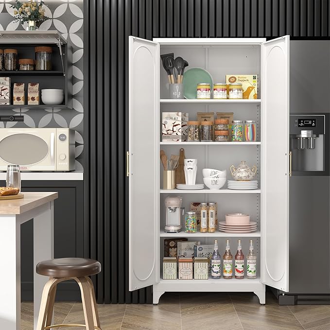 Kitchen Pantry Cabinet,75 Inch White Metal Storage Cabinet with Door and Adjustable, Tall Pantry Cabinets for Kitchen Storage,Cupboard for Living Room,Dining Room and Bathroom