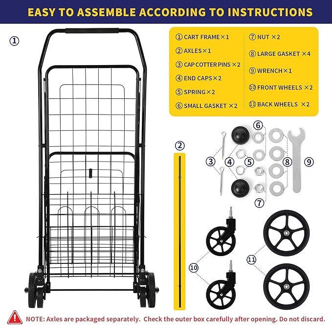 Folding Shopping Cart, Grocery Cart, 200 Lb Capacity, Utility Cart with 360° Rolling Swivel Wheels, Medium & Extra Basket