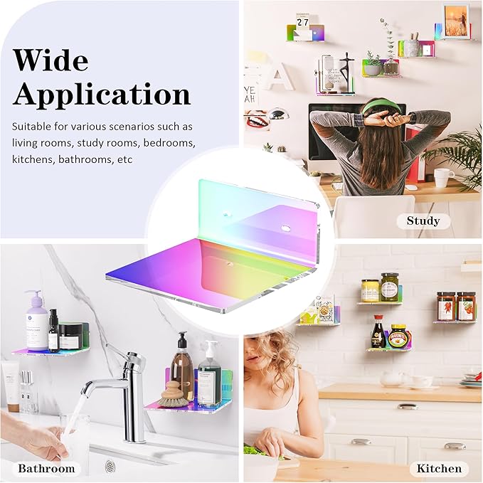 6 Inches Iridescent Acrylic Wall Shelves Set of 2, Wall Mounted Storage Display Shelves for Bedroom, Gaming Room, Living Room, Bathroom, Dining Room, Office, 2 Pack