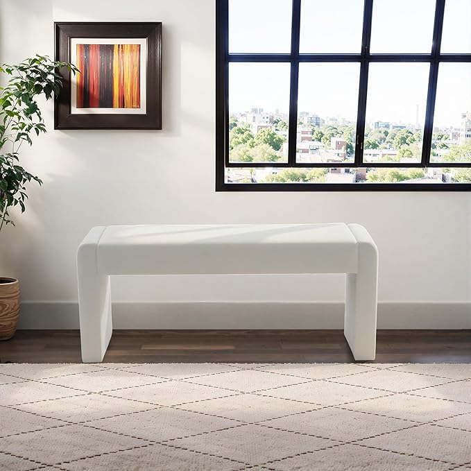 Velvet Entryway Bench End of Bed Bench Upholstered Modern Window Bench Comfy Ottoman for Dining Room/Bedroom/Living Room/Hallway/Indoor (Ivory White)