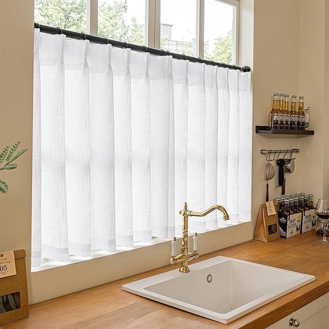 White Linen Kitchen Window Curtains 2 Panels Pinch Pleated Linen Cafe Curtains 24 Inch Length Light Filtering Semi Sheer Boho Snow White Short Tier Drapes for Small Window Basement Bathroom RV