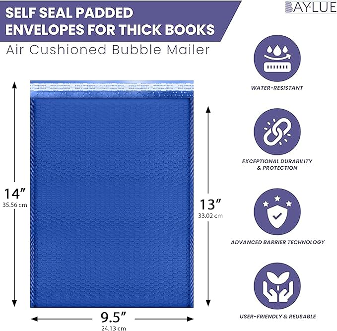 Royal Blue 10x13 Inch Poly Bubble Mailers |Self Seal Padded Envelopes for Thick books | Cushioned Bubble Mailer | Usable Size 9.5x13 Inch | Waterproof Lightweight Mailing Shipping Bags | 100 Pack Bulk