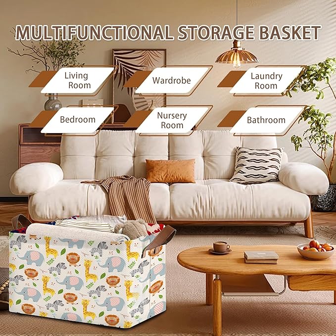 Cute Animal Storage Basket Large 17x11.5x10.5 Inche-Collapsible Fabric Organizer Bin with Handles for Nursery, Kids Room, Toys-Foldable Decorative Hamper with Adorable Animal Print-Single Pack