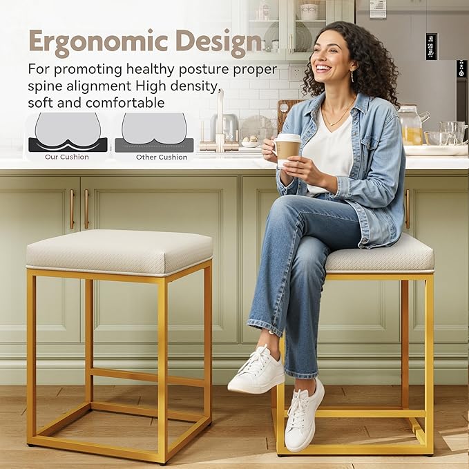 MAISON ARTS White & Gold Counter Height 24" Bar Stools Set of 2 for Kitchen Counter Modern Barstools Upholstered Faux Leather Square Stools Backless Farmhouse Island Chairs, 24 Inch Height