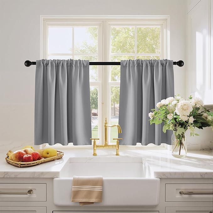 PONY DANCE Silver Grey Short Window Curtains for Kitchen 24 inch Long, 2 Panels Set Half Window Drapes for Bedroom Basement, Blackout Small Curtains for Travel Trailers, Width 29 x Length 24 inches