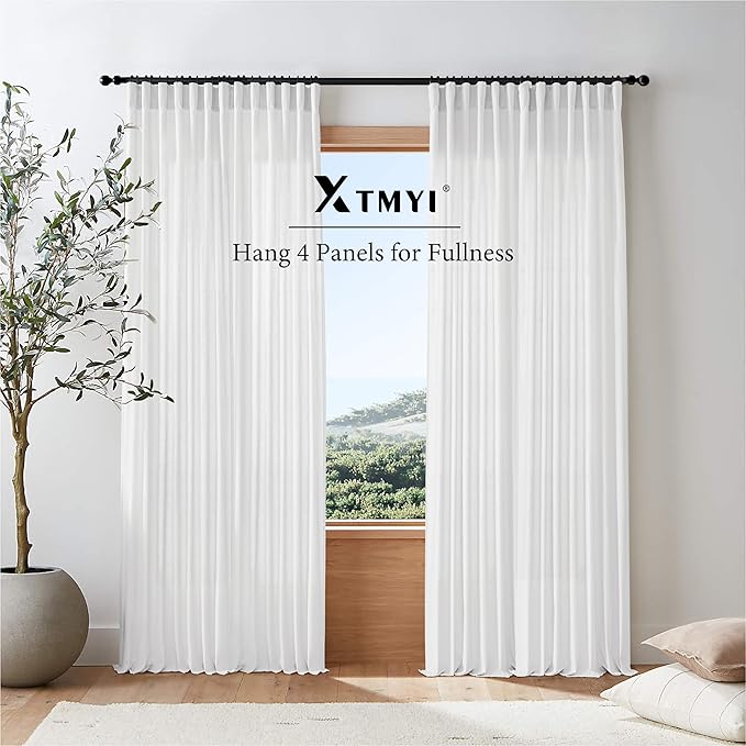XTMYI White Sheer Curtains 63 Inch Length for Living Room 2 Panels Natural Linen Voile Rod Pocket Back Tab Short Sill Length Bay Window Curtain Set for Dark Bedroom,50x63 Inches Long,Pure White