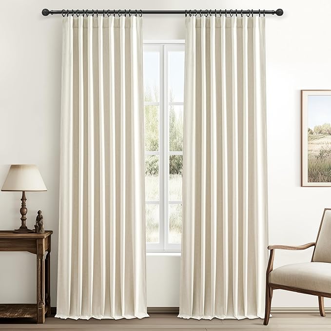 Linen Blend Cream Colored Curtains 102 Inches Long for Dining Room 2 Panels Set, Blackout Farmhouse Country Pleated Window Drapes with Back Tab Rod Pocket 8-1/2 FT Length Slider Door Curtain
