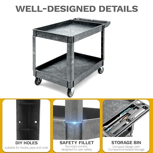 DWVO Service Utility Cart on Wheels, 550 lbs 2 Shelf Heavy Duty Rolling Carts, 45 x 25 in Plastic Cart Work Carts with Wheels for Warehouse Garage School & Office, Cleaning